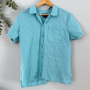 Liz Claiborne Lizsport Blouse Coastal Beachy 100% Irish Linen Button Up Blue Top